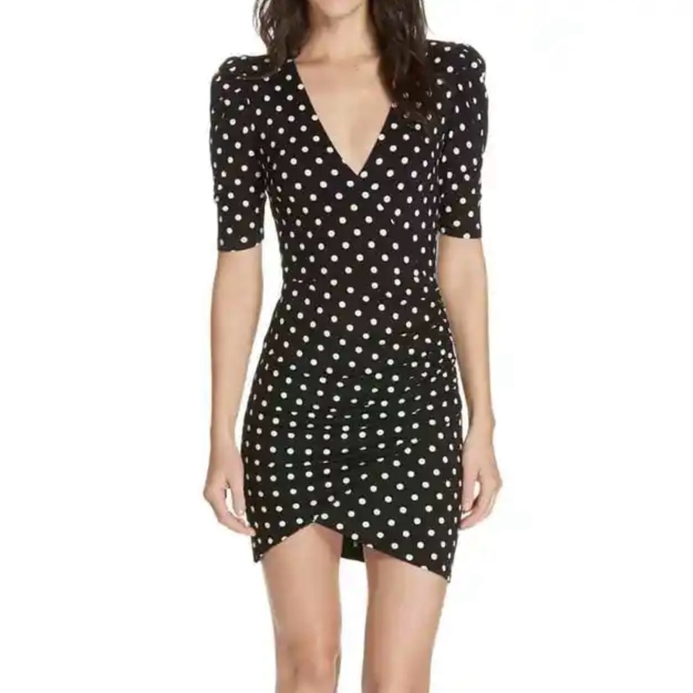 Alice + Olivia Black White Polka Dot Faux Wrap Stretch Mini Dress size 4. NWT